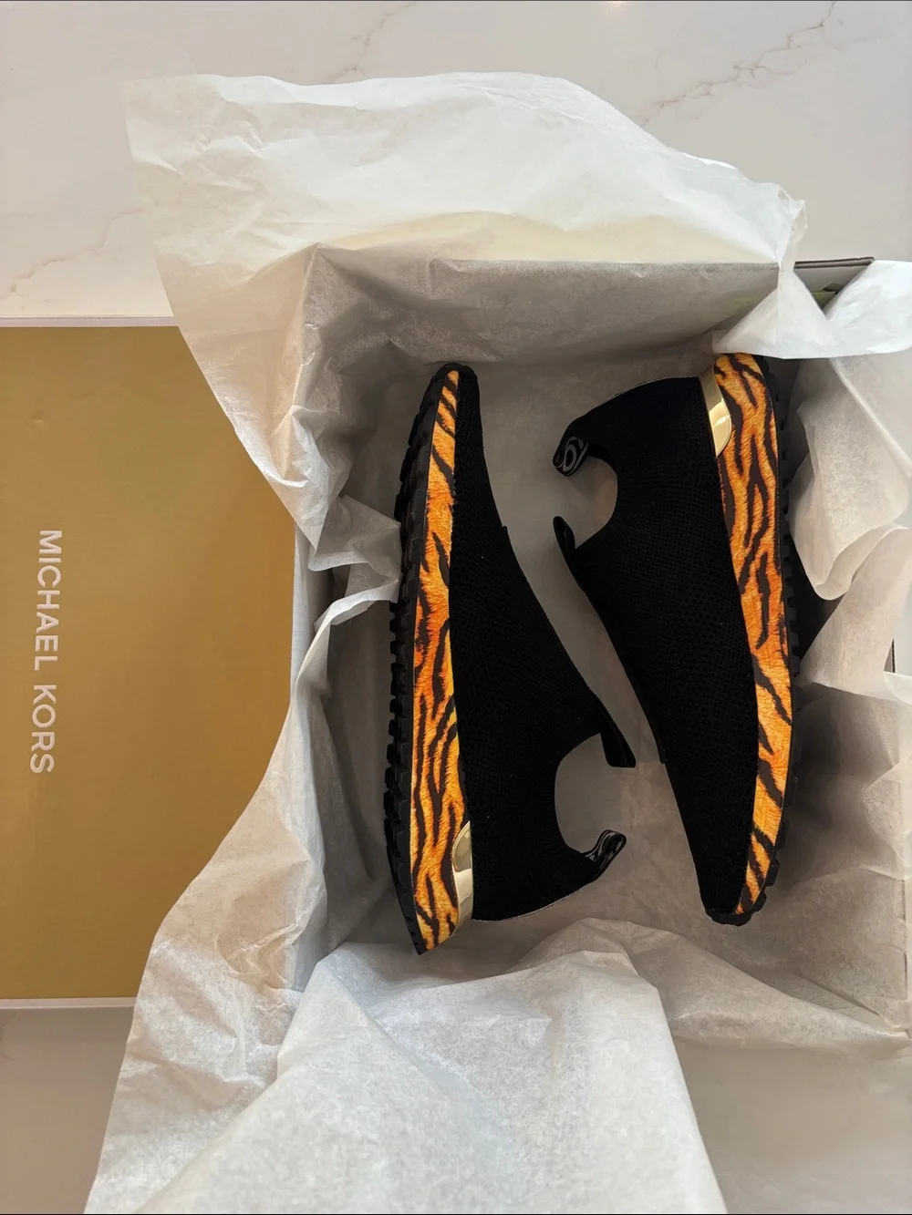 Michael Kors Kids Black Knit Slip-On Sneakers with Tiger-Print Accent